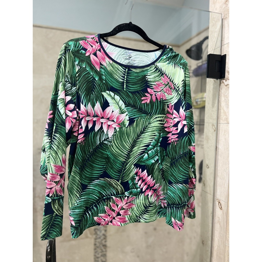 Lands End Womens Tropical Palm Print Long Sleeve Swim Shirt Rash Guard 1X 16-18W